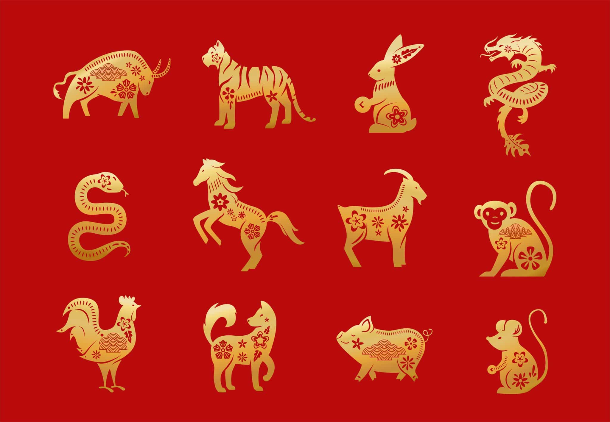 Kineski horoskop. Dvanaest zlatnih likova za azijsku Novu godinu, izolovani na crvenoj pozadini. Vektorska ilustracija simbola horoskopa iz astrološkog kalendara.