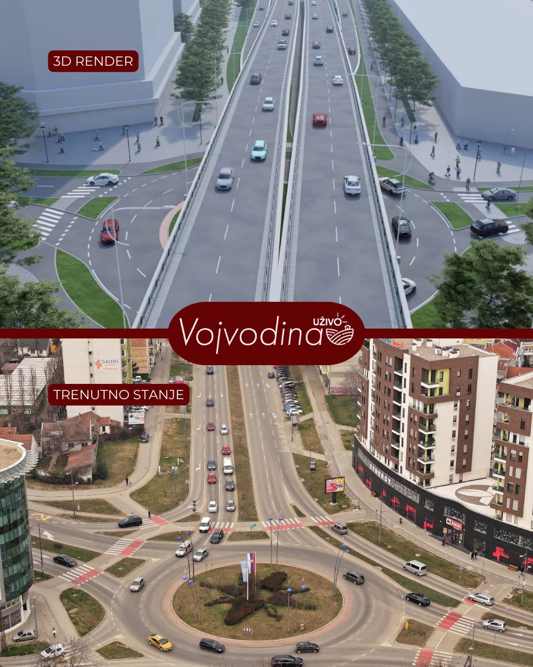 Pogled iz vazduha na Četvrti most u izgradnji, koji se proteže preko Dunava u Novom Sadu i 3d render