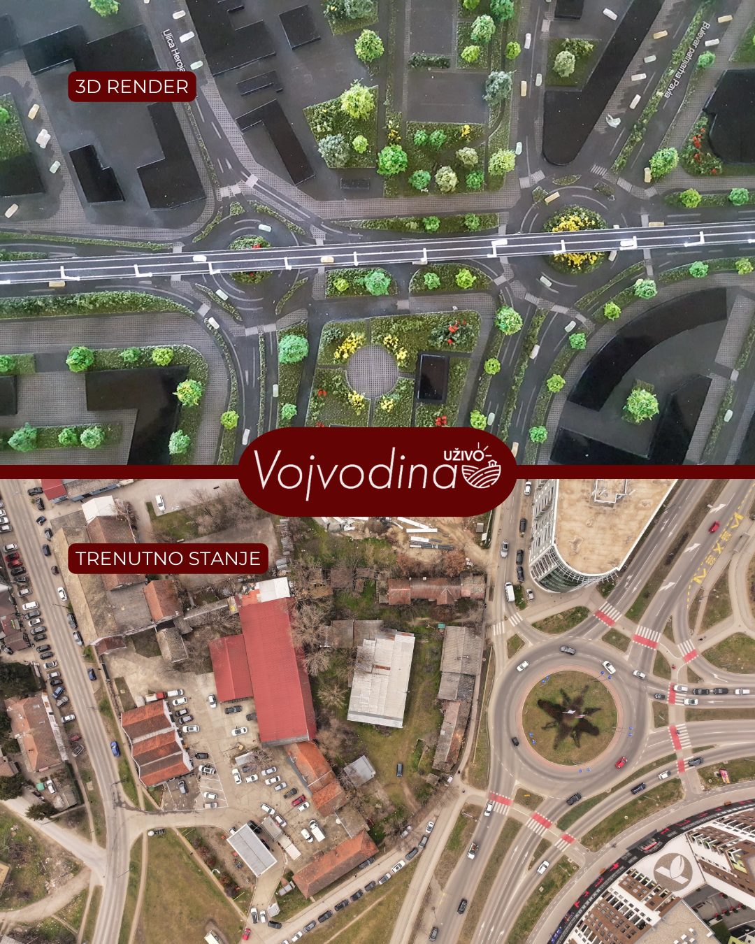 Pogled iz vazduha na Četvrti most u izgradnji, koji se proteže preko Dunava u Novom Sadu i 3d render