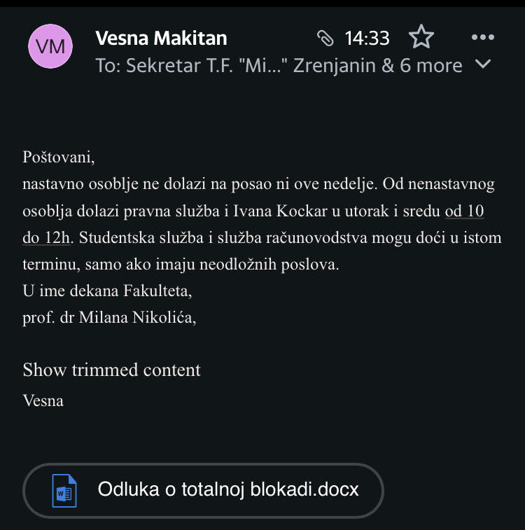 Viber poruka privatna arhiva Tehnički fakultet Zrenjanin