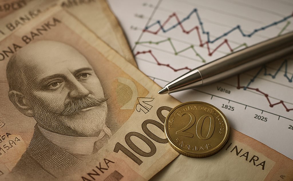 Ilustracija prikazuje prosečnu platu u Srbiji u maju 2025. godine, uz prikaz novčanica i poslovne dokumentacije