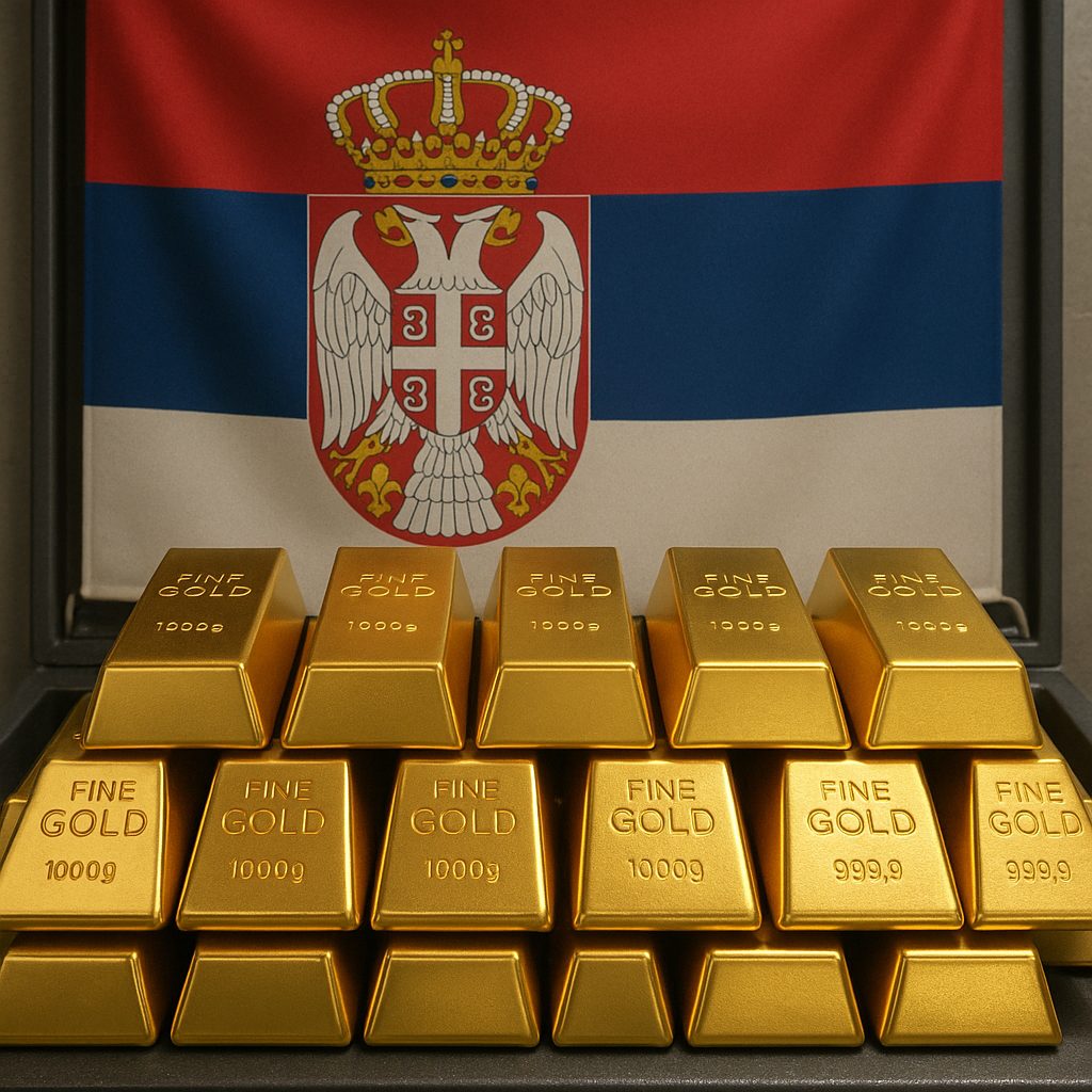Zlatne poluge ispred zastave Srbije